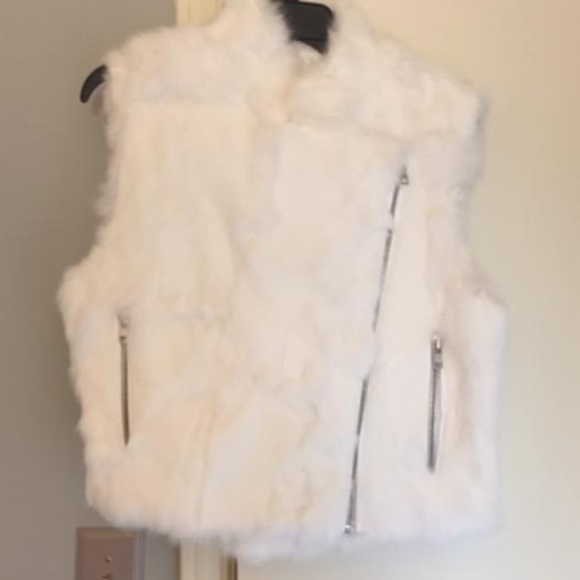 Adrienne Landau white rabbit fur moto vest, M